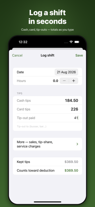 Logging a shift with cash tips, card tips, and tip-out