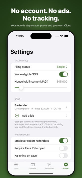 Privacy settings — no account, on-device data, backups